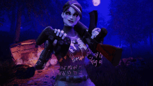 a video game character holding a controller and a rifle