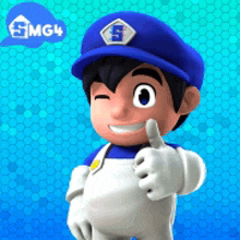 a cartoon character is giving a thumbs up and wearing a blue hat .