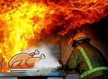 a fireman is using a hose to put out a fire with a cartoon turkey in the background