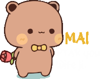 a cartoon bear is holding a rose and the word mai is on the bottom