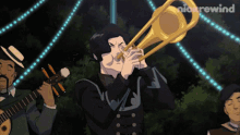 a cartoon of a man playing a trombone with a nick rewind logo in the corner