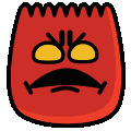 a cartoon drawing of a red monster with a yellow eye and a mustache .