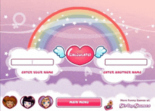 a pink screen with a rainbow and a heart that says calculate on it