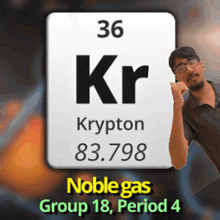 a man is standing in front of a periodic table of krypton