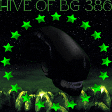 a poster for hive of bg 380 with green stars and an alien