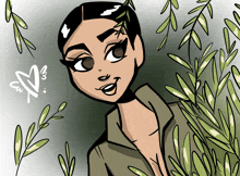 a cartoon drawing of a woman surrounded by leaves