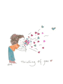 a drawing of a girl blowing hearts with the words " thinking of you "