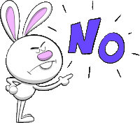 a cartoon bunny says no with a purple letter