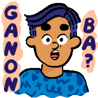 a cartoon of a man with a surprised look on his face and the words ganon ba on the bottom