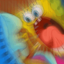 a colorful painting of spongebob and patrick with their mouths open