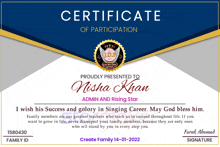 a certificate of participation proudly presented to nisha khan