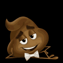 a cartoon poop with a bow tie is smiling and looking at the camera .