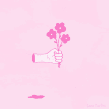 a drawing of a hand holding a bouquet of pink flowers