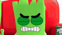 a green cartoon character with an angry face is sitting on a red chair next to a bottle of juice .