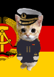 a pixel art of a cat wearing a military uniform and hat