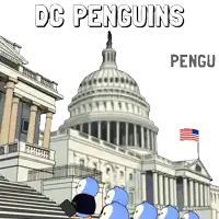 a group of penguins standing in front of a capitol building