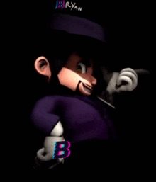 a cartoon character is wearing a purple suit and hat and has the letter b on his chest