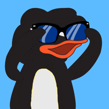 a penguin wearing sunglasses is covering his eyes