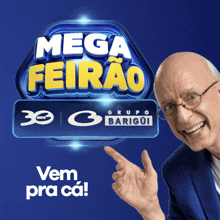 a man in a blue suit points to a mega feirao sign