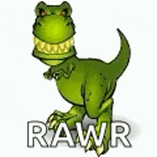 a cartoon of a dinosaur with its mouth open and the word rawr written on it .