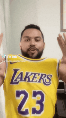 a man wearing a lakers jersey with the number 23