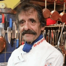 a man with a mustache is wearing a chef 's jacket and standing in a kitchen .