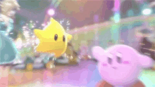 a pink kirby is standing next to a yellow star .