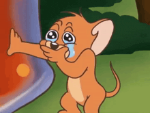 jerry from tom and jerry is crying while holding a bottle of tomato juice in his mouth .