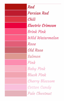 a list of different shades of red including persian red chili electric crimson and brink pink