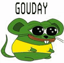 a cartoon mouse wearing sunglasses and a yellow shirt with the word gouday .