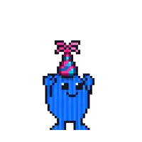 a pixel art of a blue whale wearing a party hat