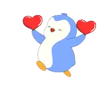 a blue and white penguin holding two red hearts