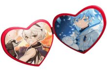 two heart shaped mirrors with a picture of two anime characters on them