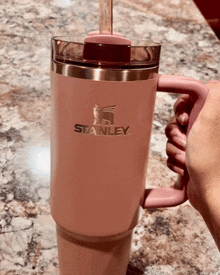 a person is holding a pink stanley tumbler with a straw