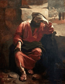 a painting of a man in a red robe covering his face with his hand