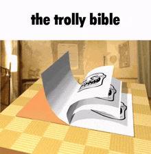 an open book with a troll face on it and the words the trolly bible below it