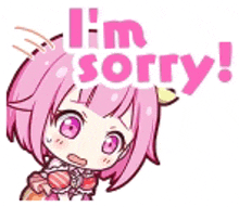 a cartoon girl with pink hair and purple eyes is saying i 'm sorry .