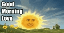 a cartoon of a sun with a face on it says `` good morning love '' .