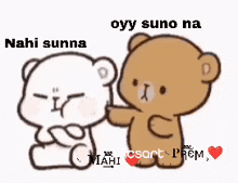 a couple of teddy bears sitting next to each other with the words nahi sunna oyy suno na written above them