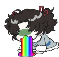 a cartoon of a girl eating a rainbow colored object .