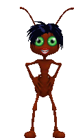 a cartoon ant with green eyes and black hair is smiling