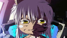 a drawing of a cat with purple hair and white whiskers