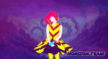 a horizon team poster with a girl in a yellow and pink dress