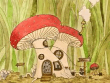 a cartoon drawing of a mushroom house in the woods .