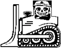 a black and white drawing of a skeleton wearing a hard hat and bow tie on a bulldozer .