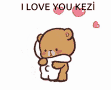 a couple of teddy bears hugging each other with the words i love you kezi above them .