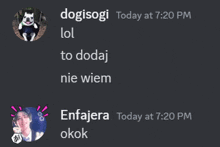 a screenshot of a text message between dogisogi and enfajera