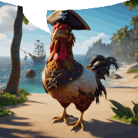 a rooster wearing a pirate hat is standing on a sandy beach