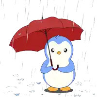 a black penguin holding an umbrella in the rain
