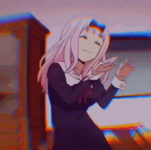 a girl in a school uniform is dancing in a room in a video game .